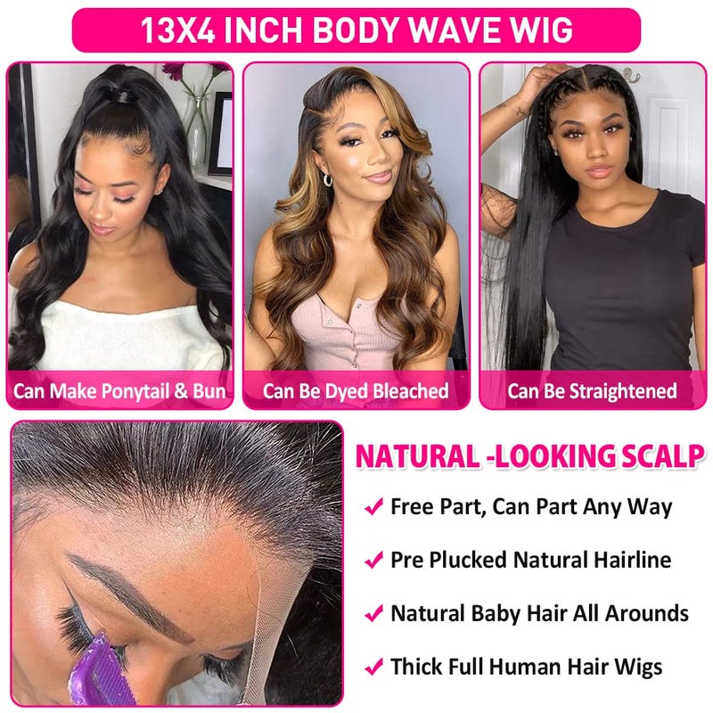 Wingirl 13Ã—5 Lace Front Human Hair Wigs for Women 12A HD Transparent Body Wave Lace Front Wigs Human Hair Pre Plucked Bleached Knots (18 Inch (Pack of 1), 220% 1B# Color) - Image 4